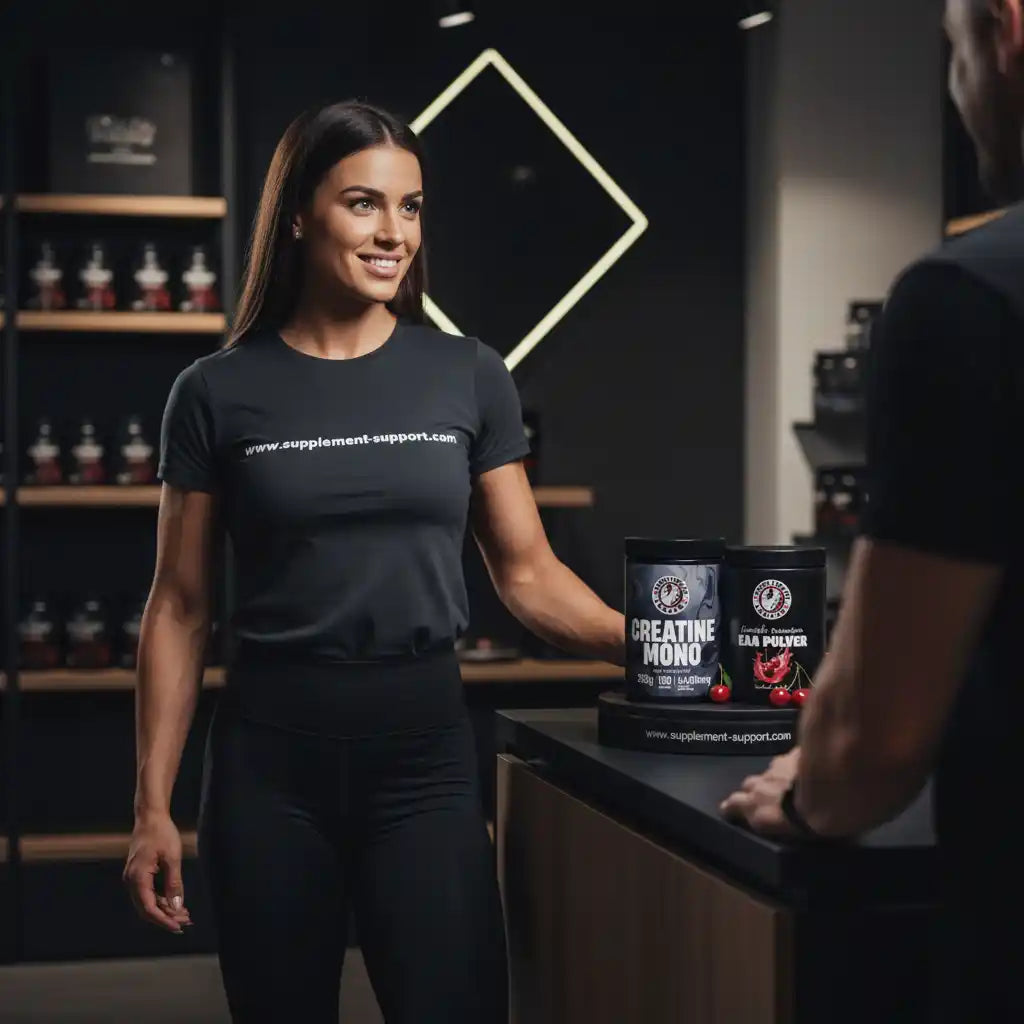 Lächelnde Frau im T-Shirt präsentiert Creatine Mono und EAA Pulver auf einem Tresen.