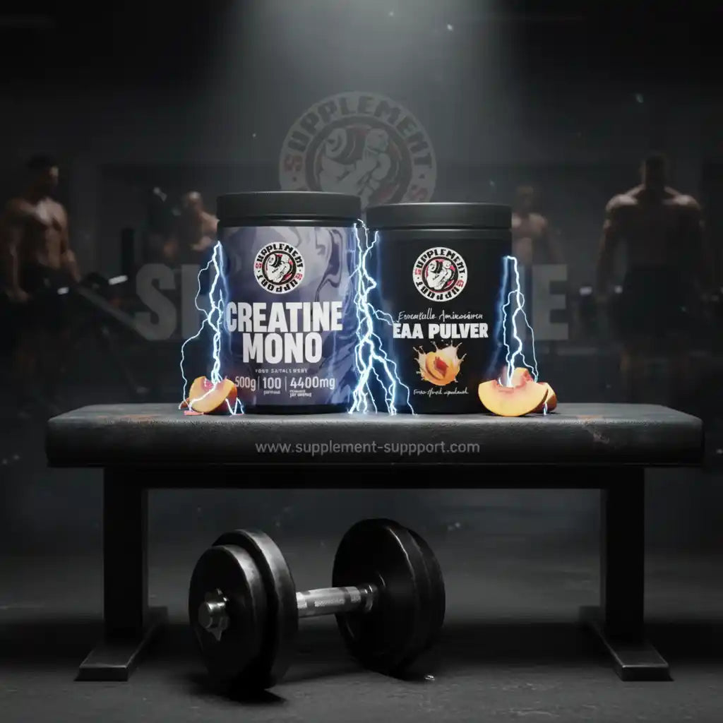 Creatine Mono und EAA Pulver Sportnahrung auf einer Hantelbank mit Hantel im Fitnessstudio.