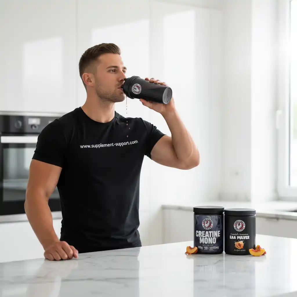 Muskulöser Mann trinkt aus einem Shaker neben Creatine Mono und EAA Pulver Dosen.