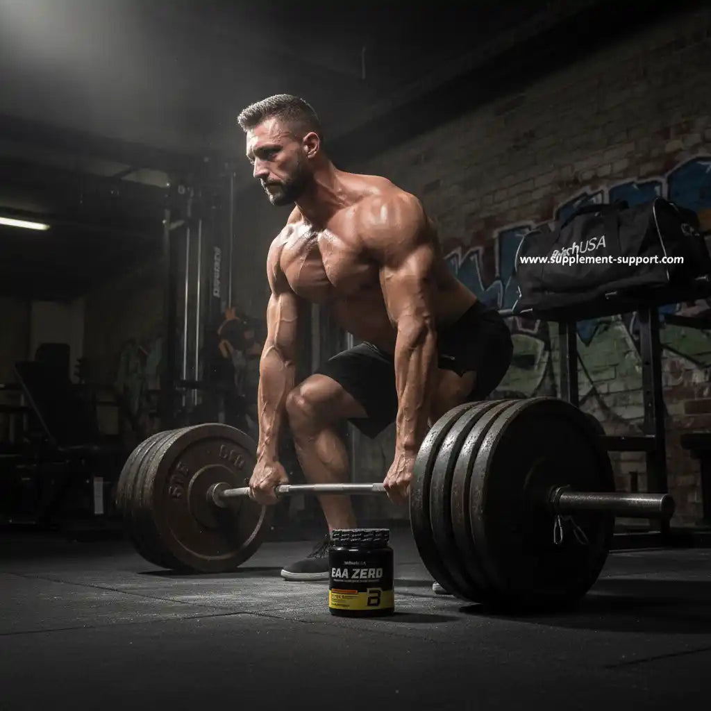 Muskulöser Mann beim Gewichtheben mit EAA Zero Supplement im Fitnessstudio