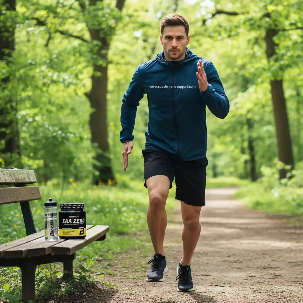 Mann beim Laufen im Wald mit EAA Zero Supplement und Trinkflasche auf Bank – Fitness & Sportnahrung