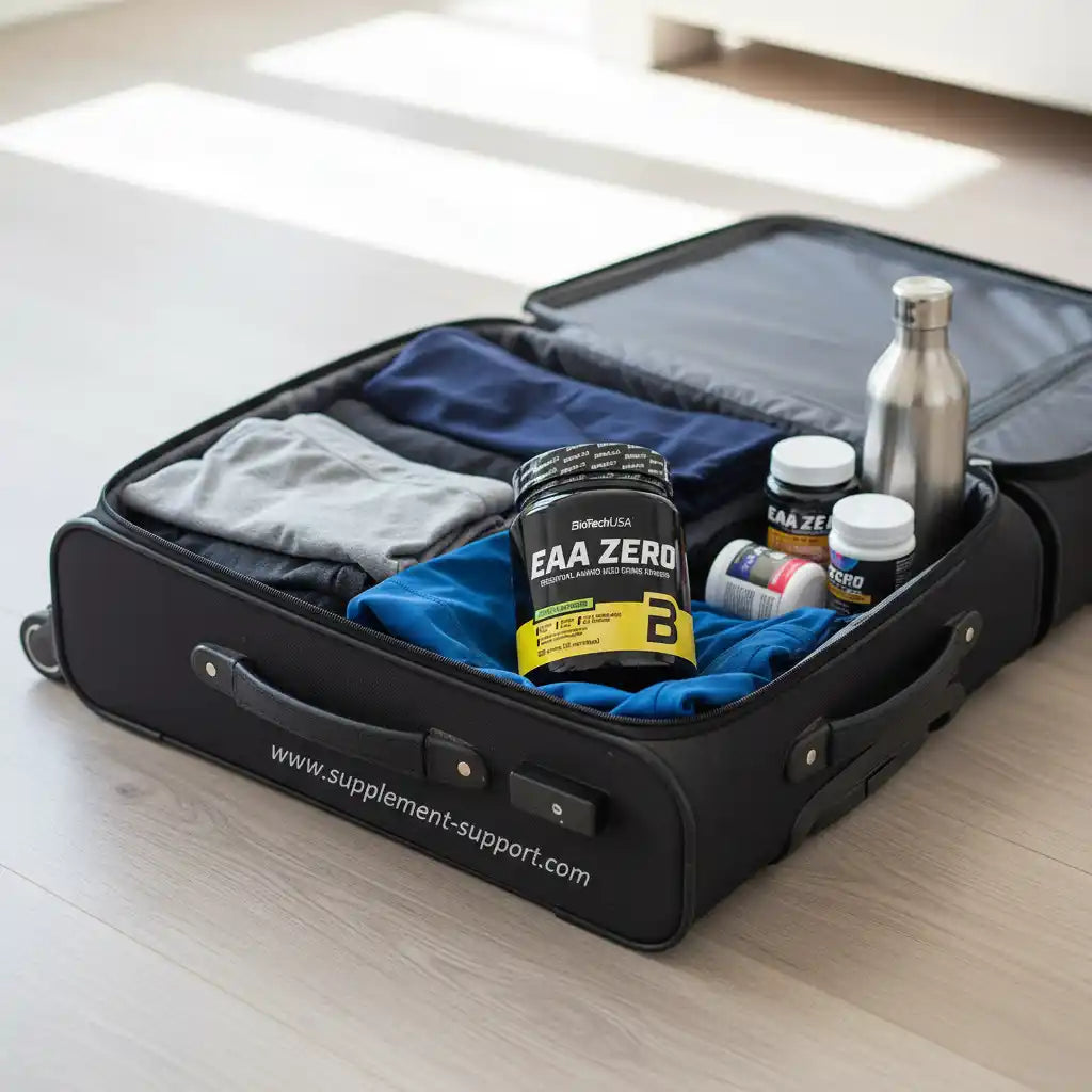 EAA Zero Aminosäuren in Koffer mit Sportkleidung und Trinkflasche für Fitnessreisen