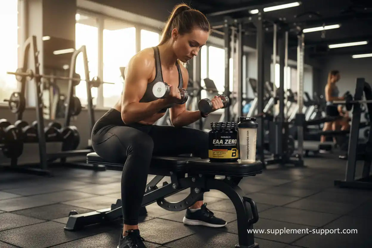 Frau trainiert mit Hanteln im Fitnessstudio neben EAA Zero Supplement und Shaker