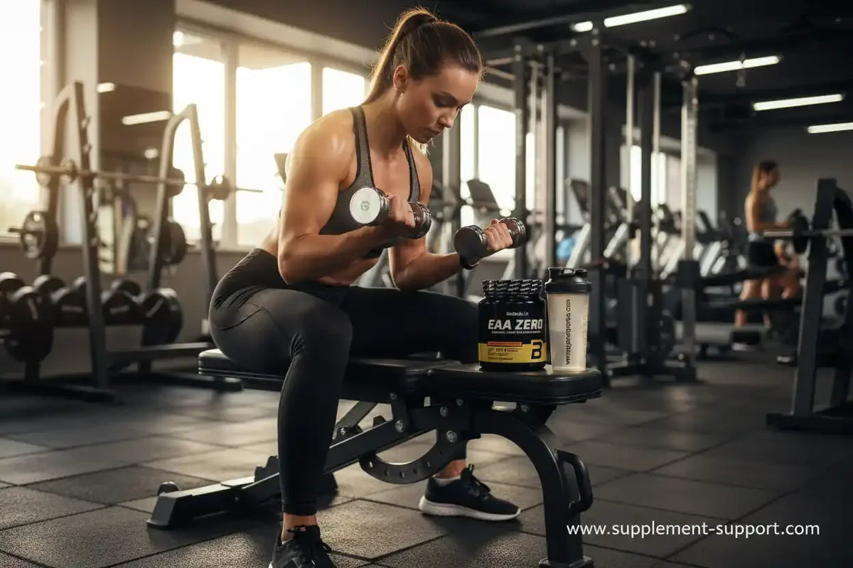 Frau trainiert mit Hanteln im Fitnessstudio neben EAA Zero Supplement und Shaker