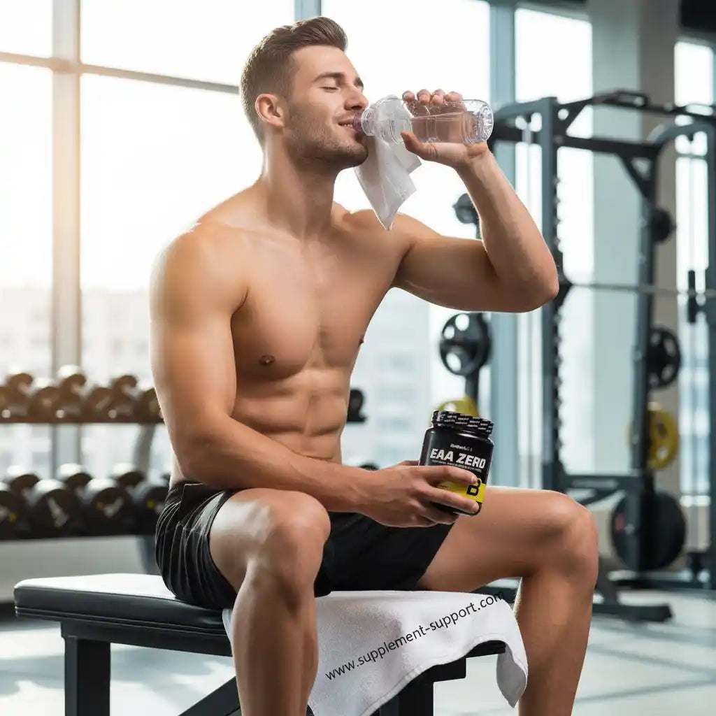 Muskulöser Mann trinkt Wasser und hält EAA Zero in Fitnessstudio, ideal für Sportler