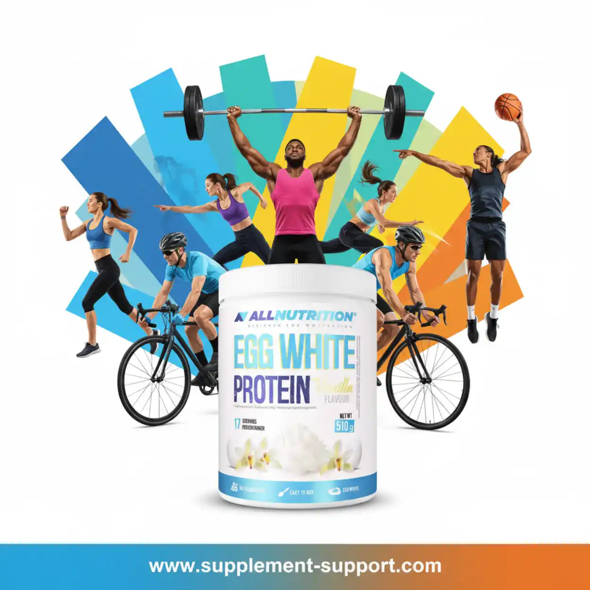 All Nutrition Egg White Protein Dose 510g mit Sportlern im Hintergrund