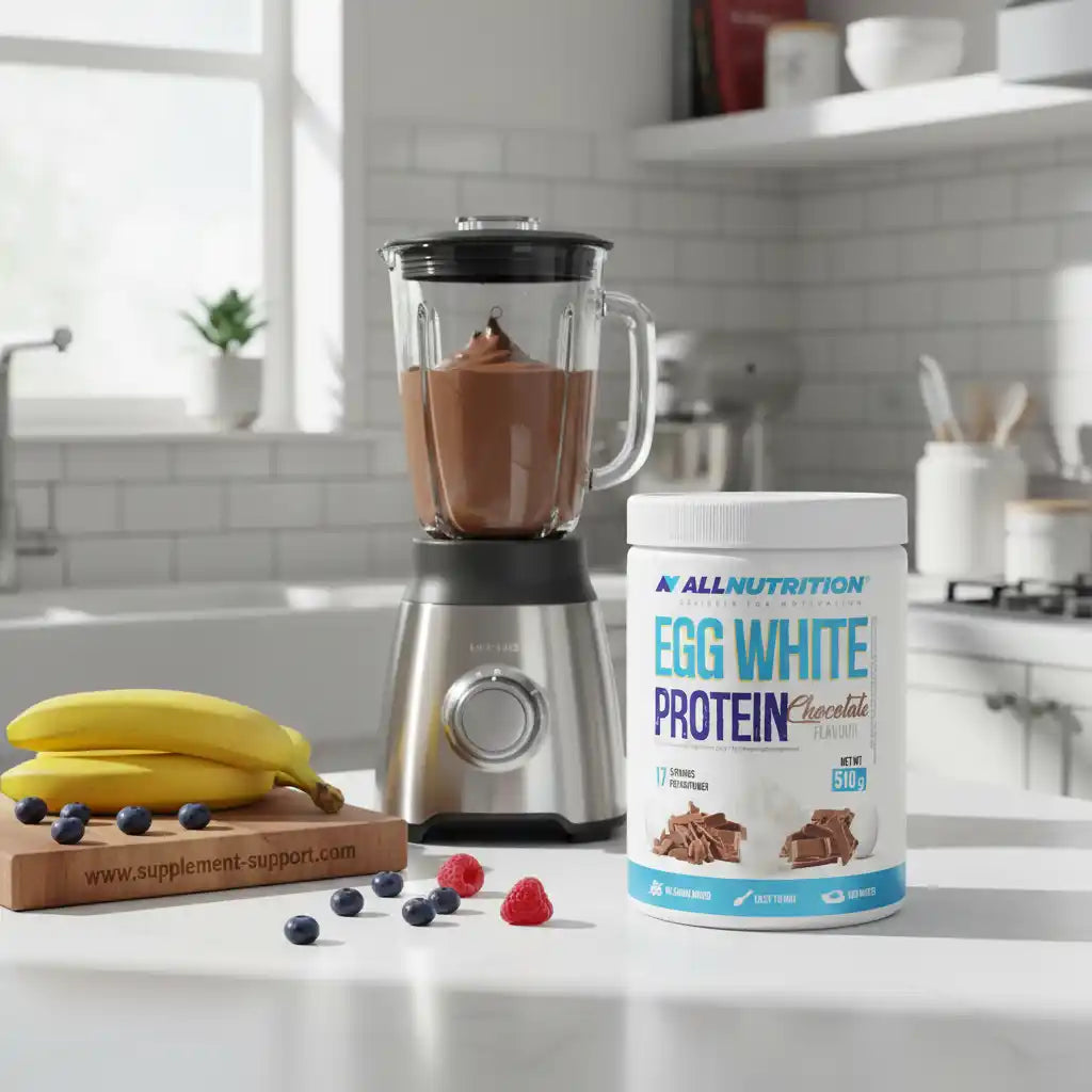 Eiweißpulver Schokolade mit Mixer, Bananen und Beeren in Küche