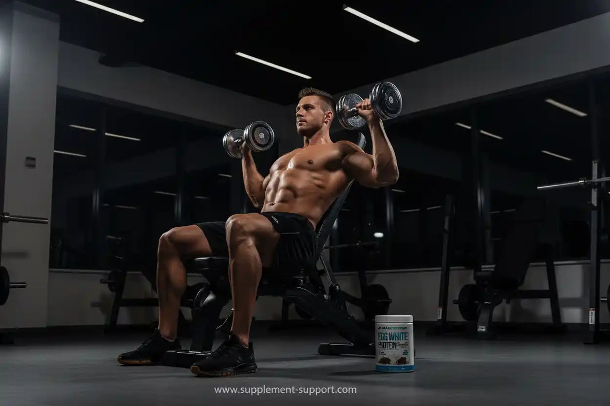 Muskulöser Mann trainiert mit Hanteln im Fitnessstudio neben Eiweißpulver-Dose