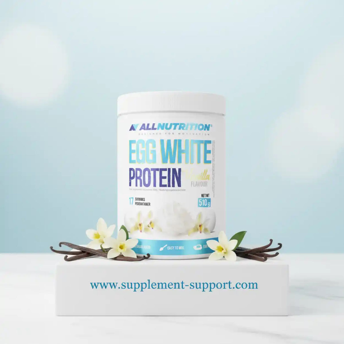 All Nutrition Egg White Protein, 510 g Dose in Vanille-Geschmack mit Vanilleblüten.