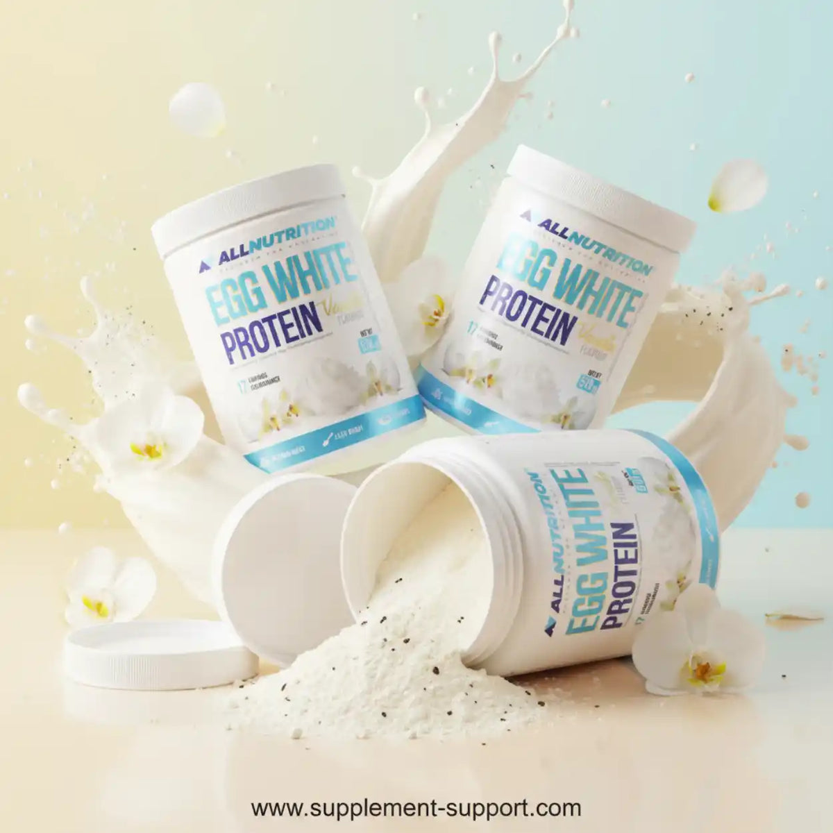All Nutrition Egg White Protein Dosen mit Eiweißpulver und Milchspritzern