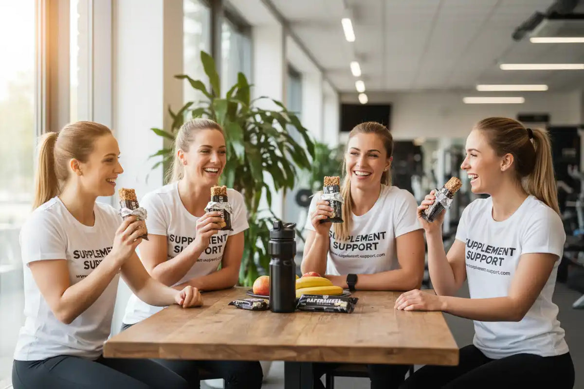 Vier lachende Frauen in Sportkleidung essen Proteinriegel in einem Fitnessstudio.