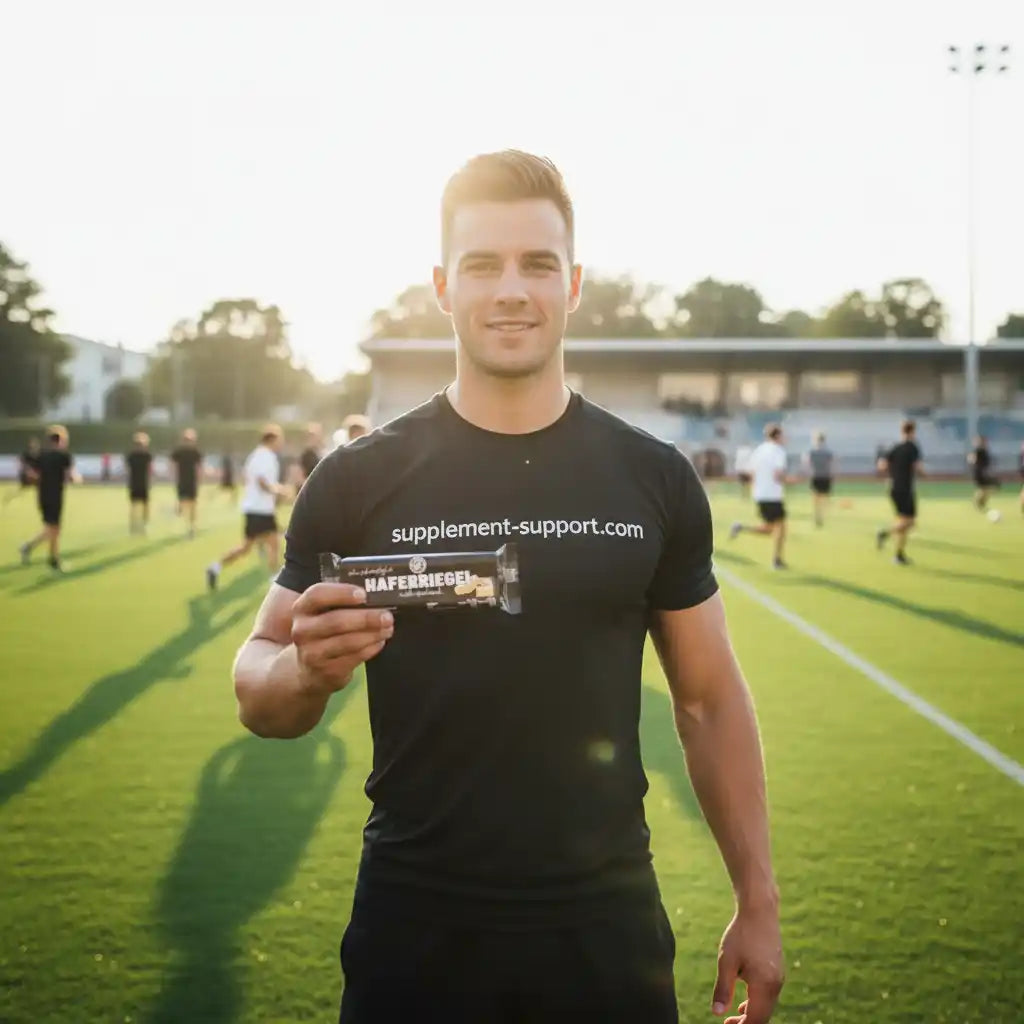 Sportler auf einem Fußballplatz hält einen Haferriegel von supplement-support.com in der Hand.