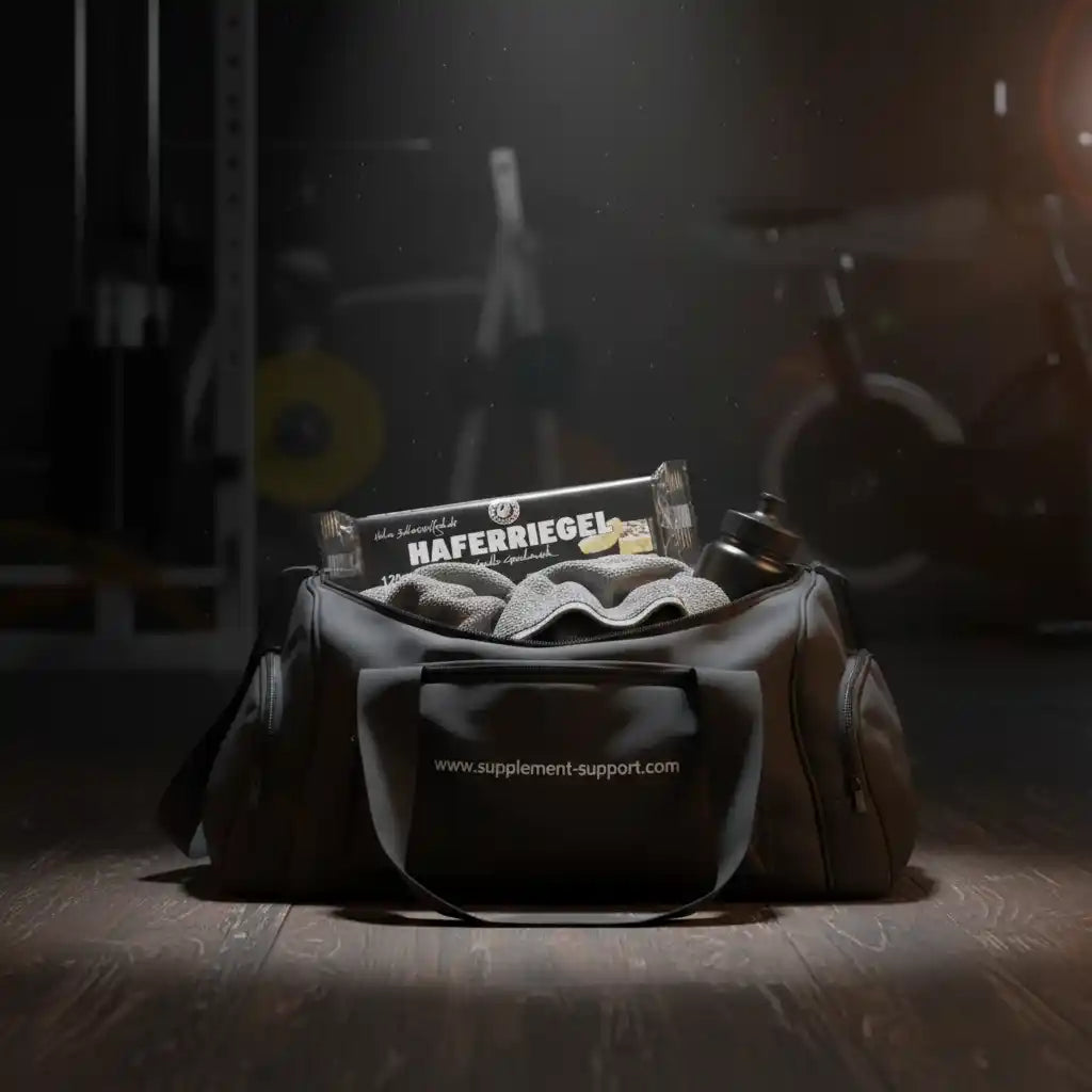 Sporttasche mit Haferriegel und Fitnesszubehör im Fitnessstudio