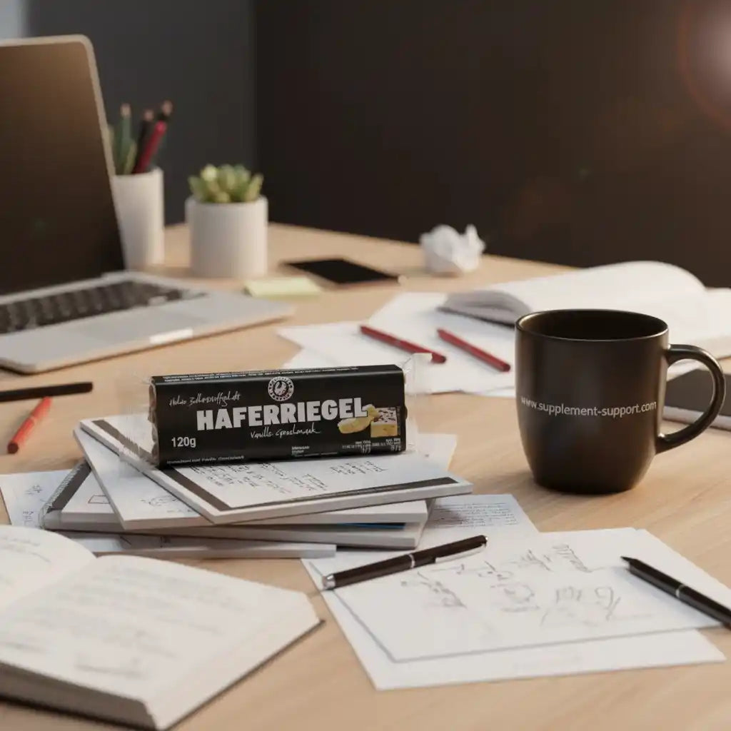Haferriegel Vanille-Geschmack auf einem Schreibtisch mit Laptop, Notizblock und Kaffeetasse.