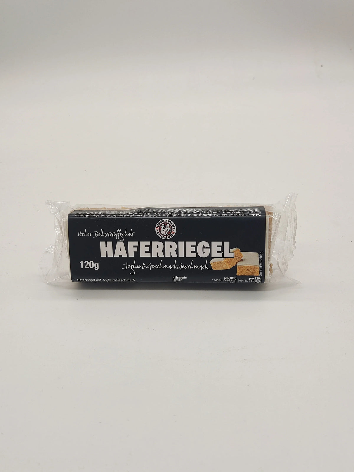 Haferiegel Joghurtgeschmack 120g, ballaststoffreicher Müsliriegel, einzeln verpackt, auf weißem Hintergrund
