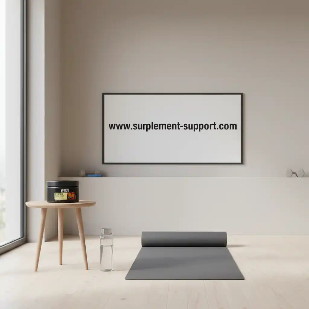 Yogamatte, Wasserflasche und Nahrungsergänzungsmittel vor minimalistischem Hintergrund für Fitness & Sport