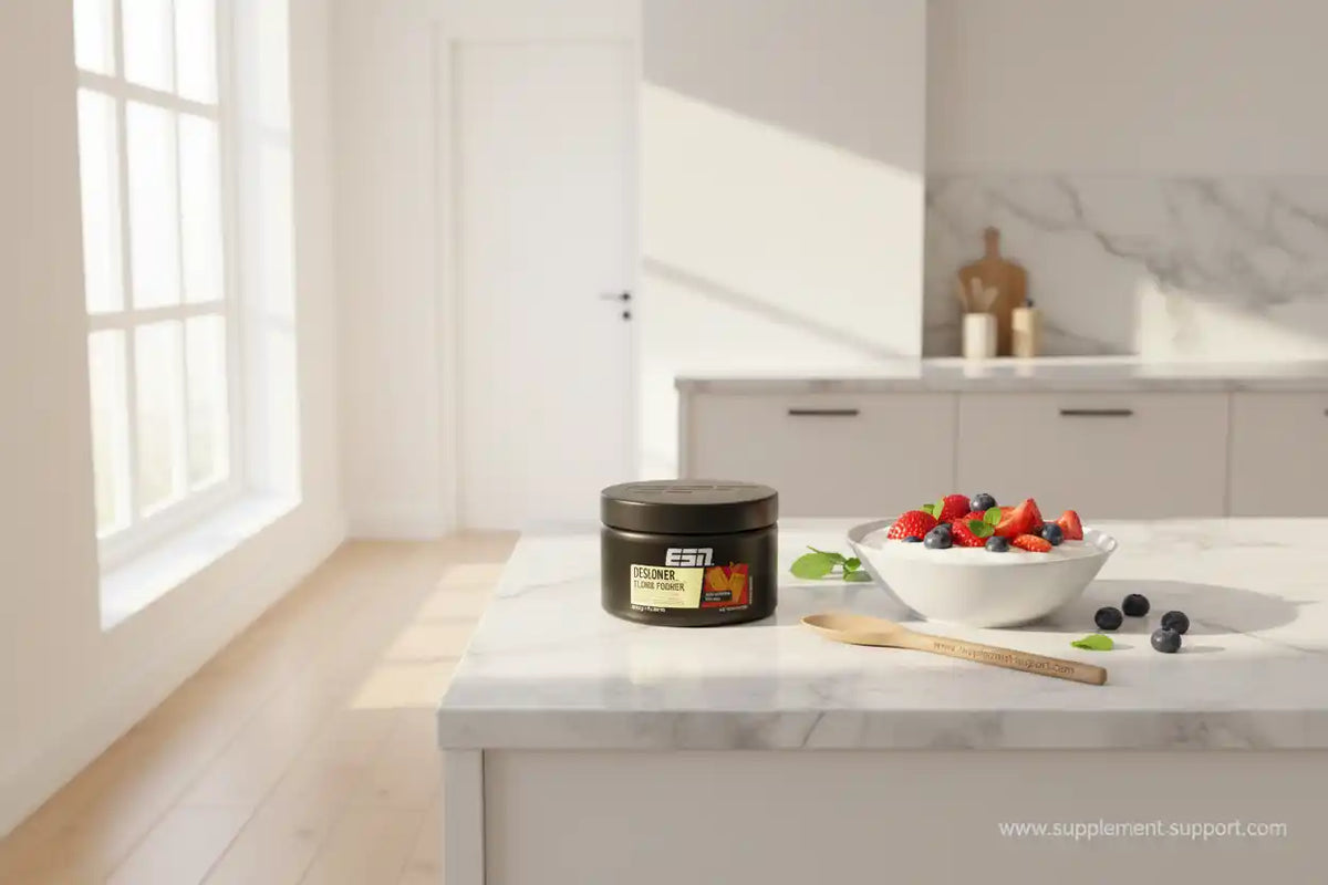 ESN Designer Protein Pulver mit Beeren und Joghurt in moderner Küche