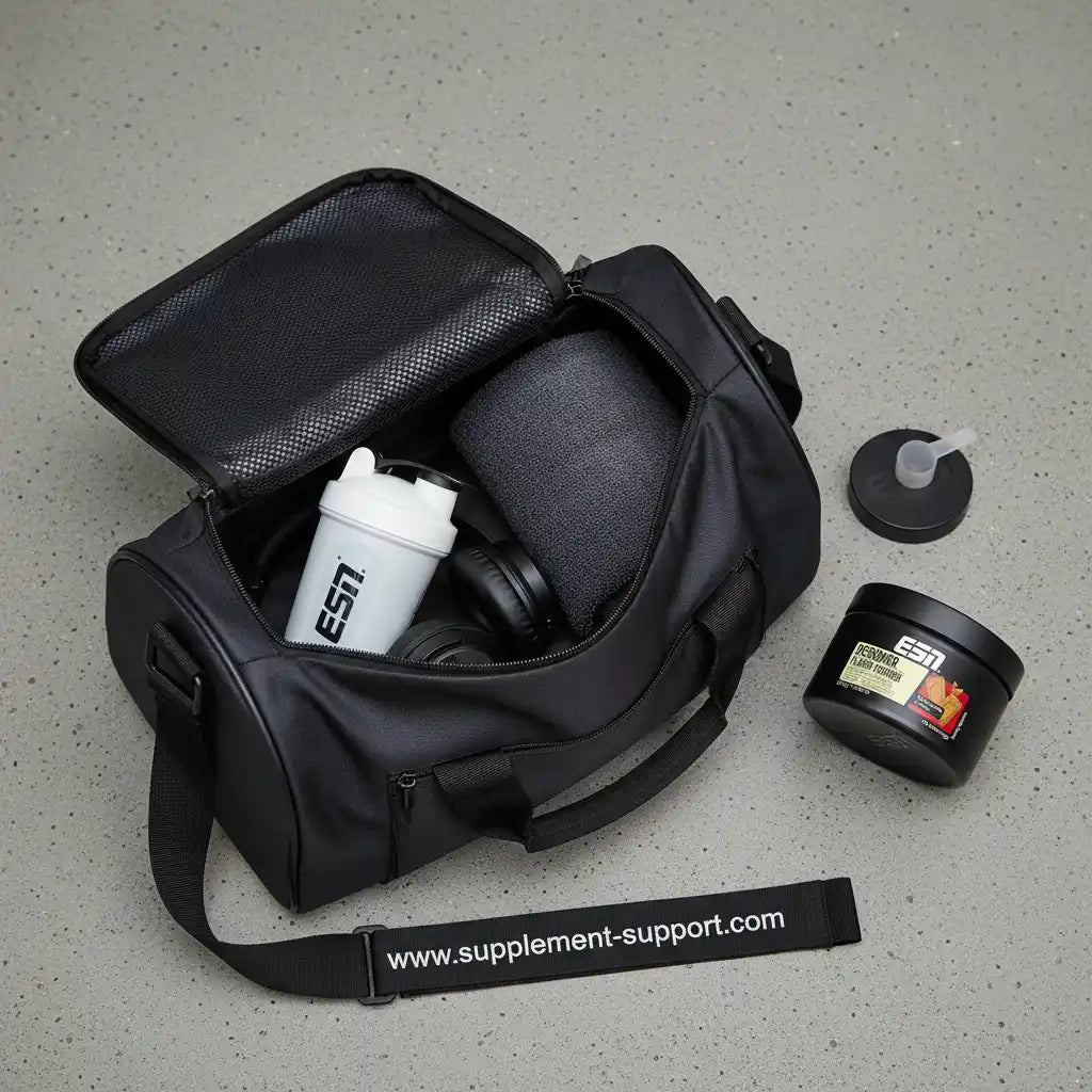 Schwarze Sporttasche mit ESN-Shaker und Nahrungsergänzungsmitteln für Fitness und Training