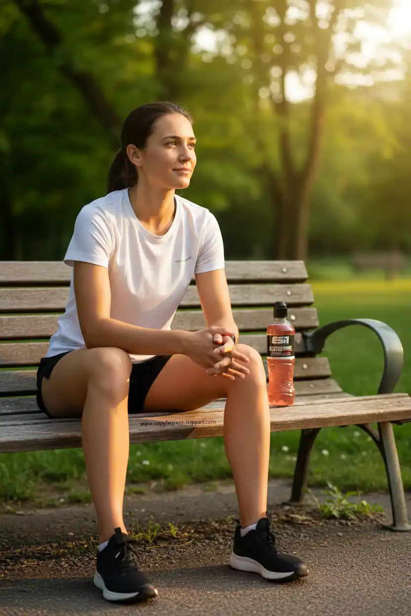 Frau mit Sportnahrung auf Parkbank, Fitness und Erholung im Freien
