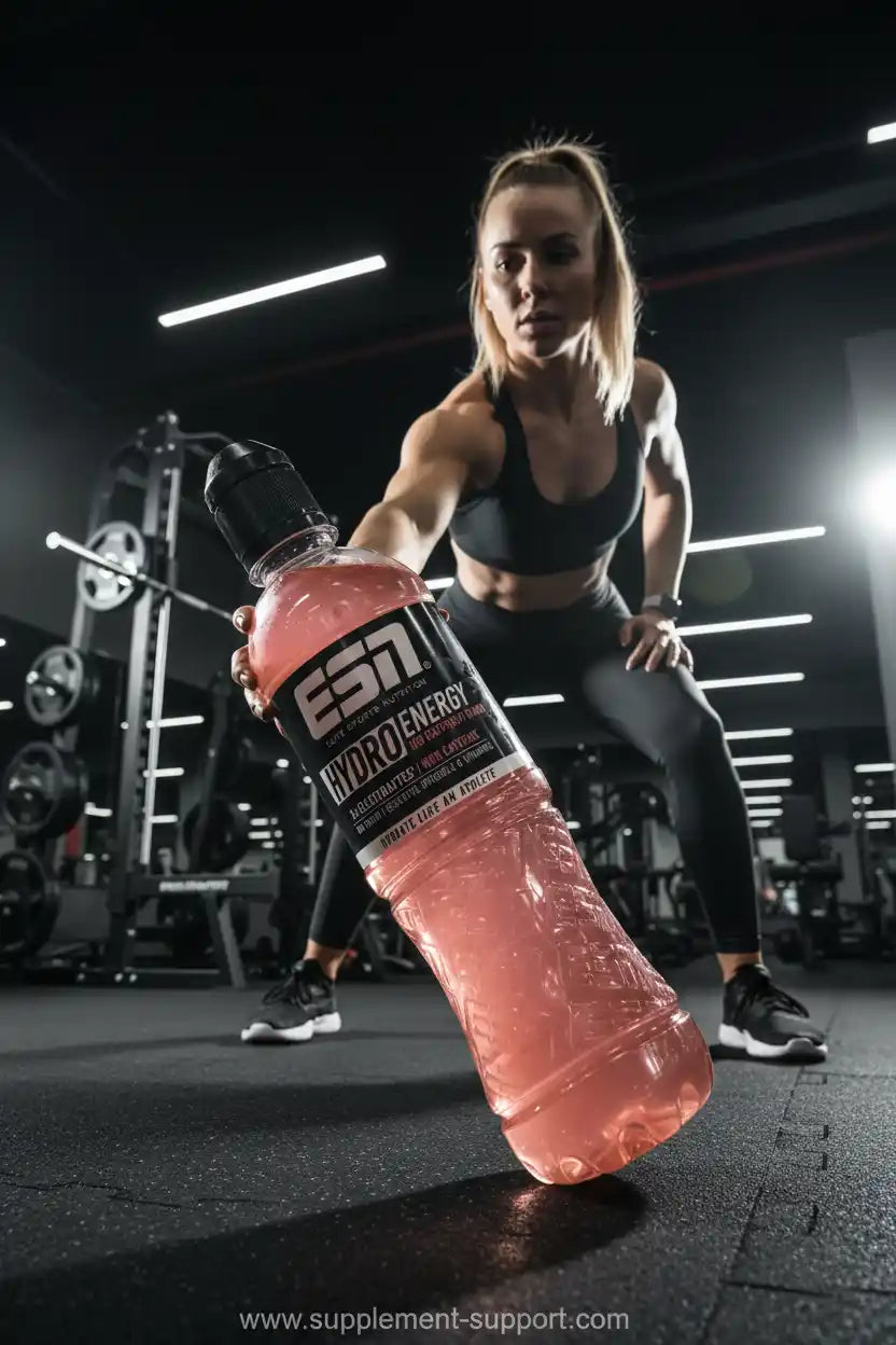 Frau im Fitnessstudio mit ESN Hydro Energy Getränk für Sportler