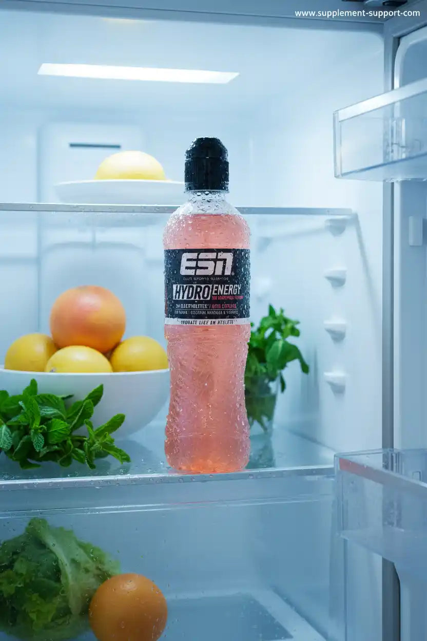 ESN Hydro Energy Getränk in Kühlschrank mit Zitrusfrüchten und frischem Minze, ideal für Sportler