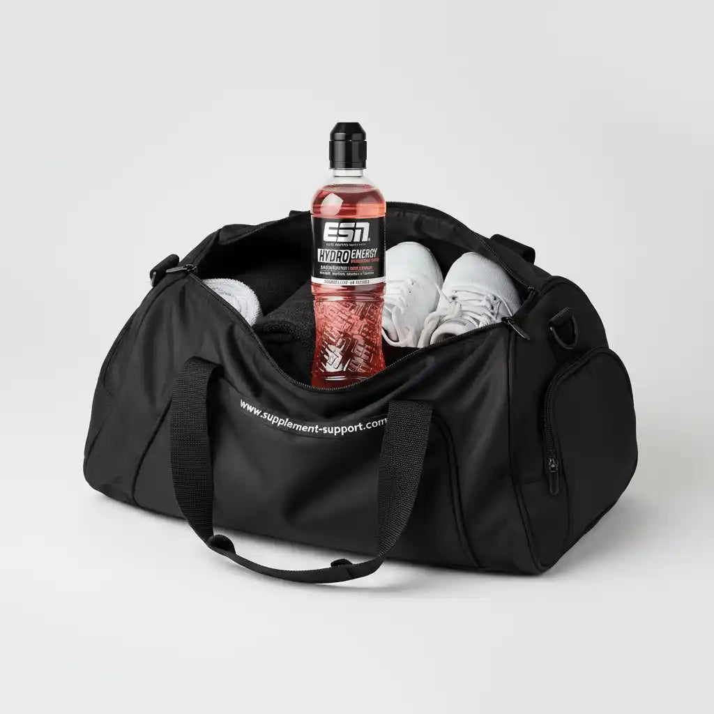 Schwarze Sporttasche mit ESN Hydro Energy Getränk und weißen Sportschuhen für Fitness & Training