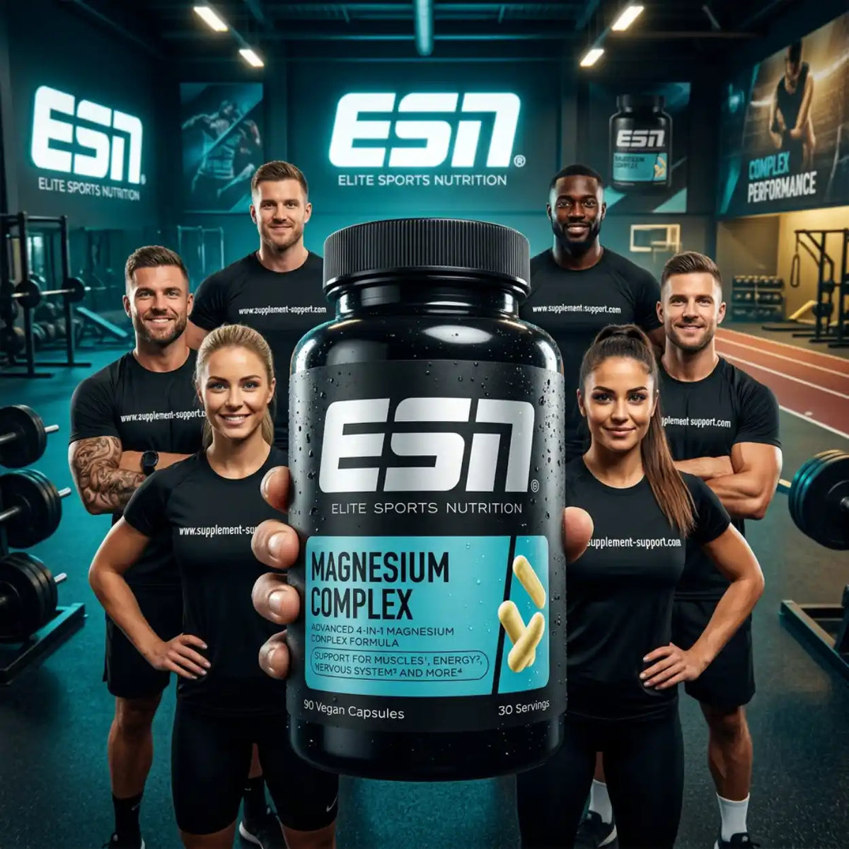 ESN Magnesium Complex Nahrungsergänzungskapseln vor Sportlern in einem Fitnessstudio.