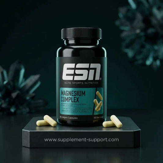 ESN Magnesium Complex Nahrungsergänzung mit 90 veganen Kapseln auf dunklem Hintergrund
