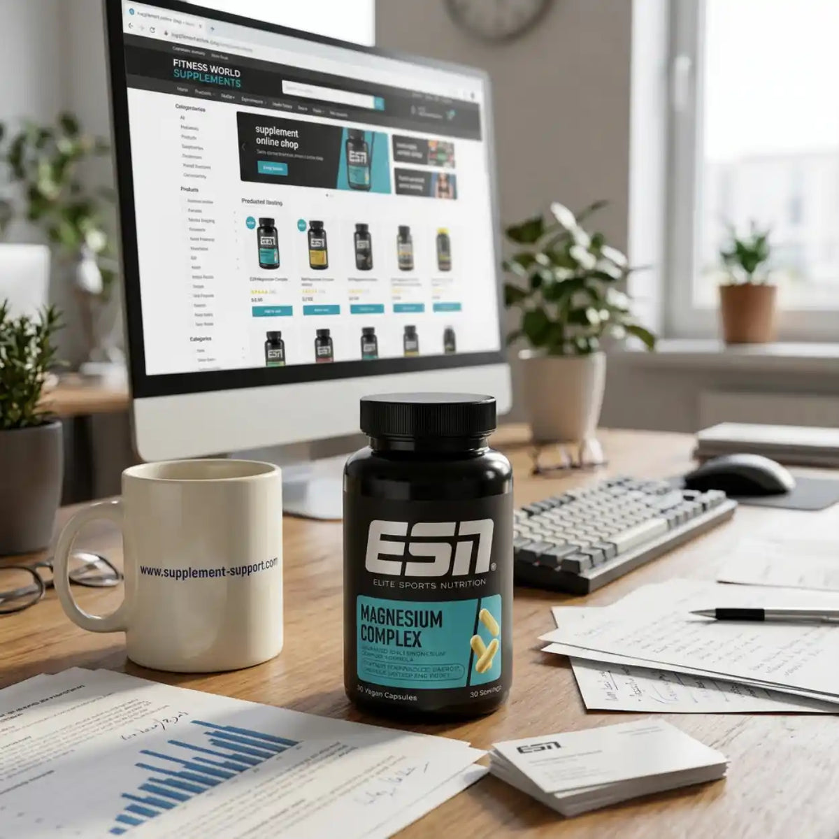 ESN Magnesium Complex Kapseln auf einem Schreibtisch vor einem Monitor mit Supplement-Shop.