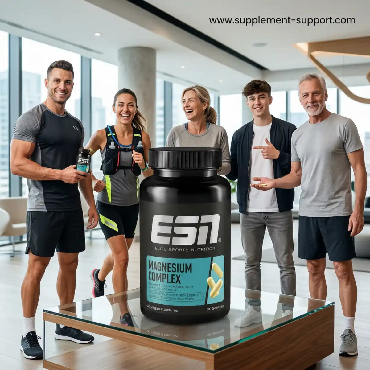 ESN Magnesium Complex Nahrungsergänzung in einer Dose, umgeben von fitten Menschen im Fitnessstudio.