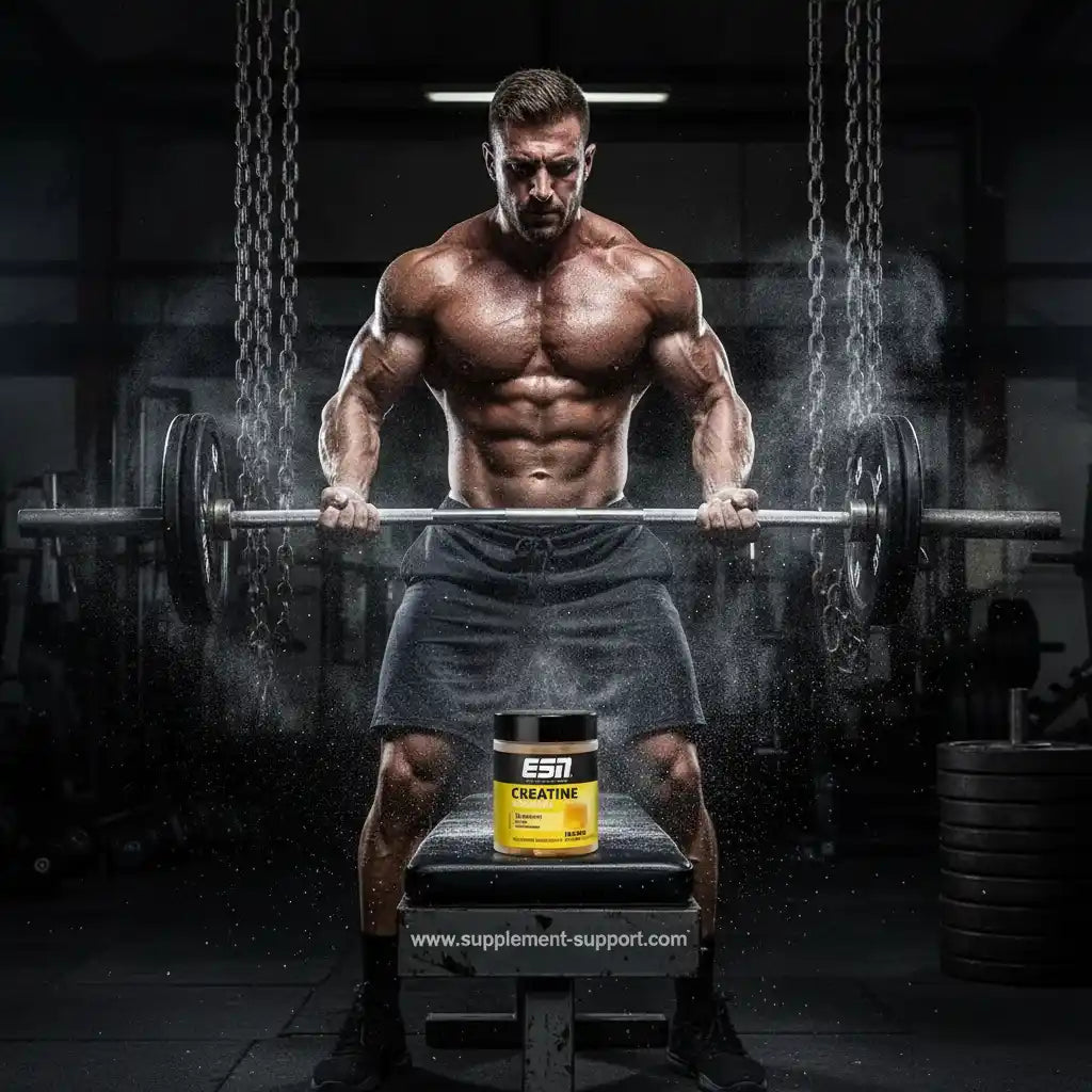 Muskulöser Athlet mit ESN Creatine im Fitnessstudio – ideal für Krafttraining und Muskelaufbau