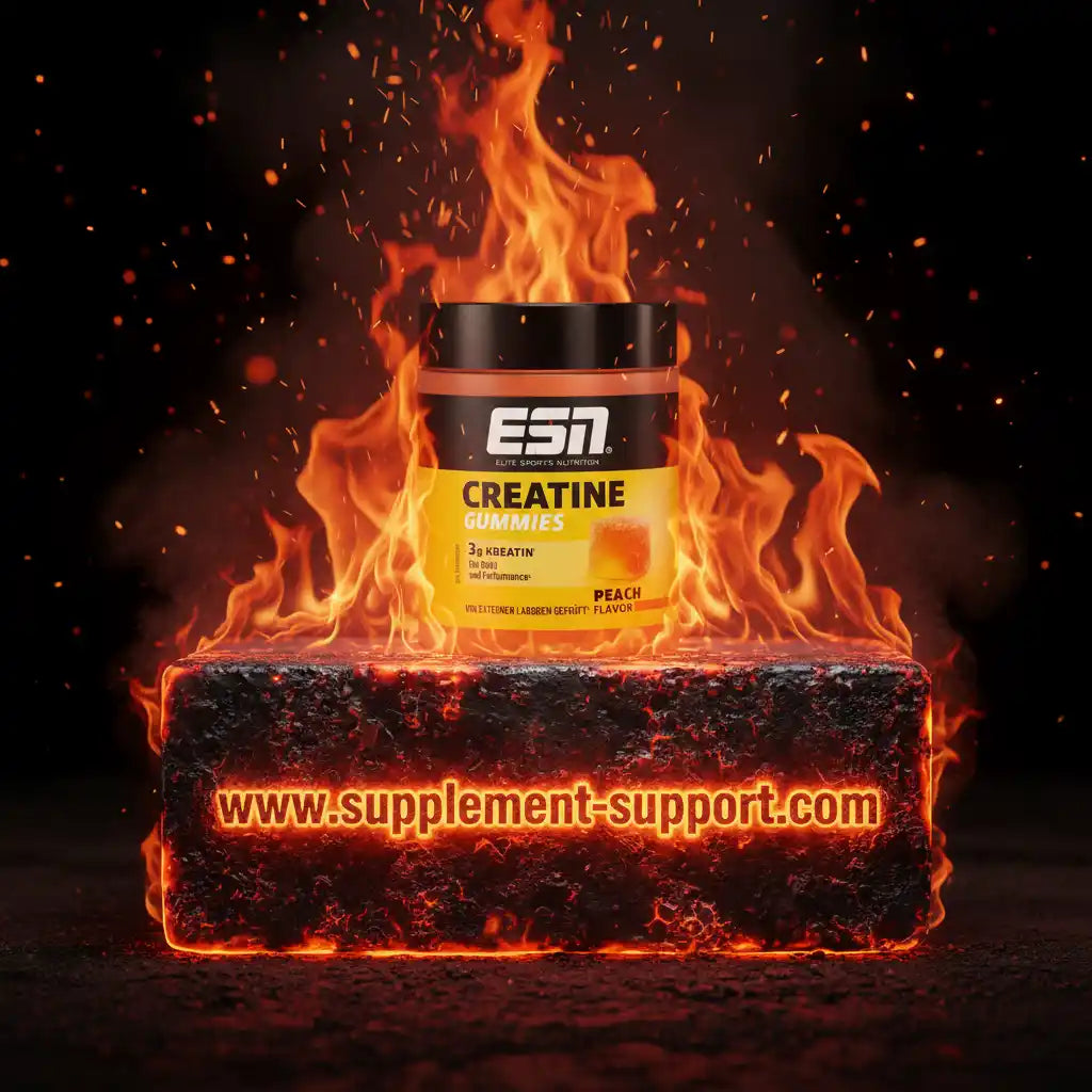 ESN Creatine Gummies Pfirsich Geschmack, 3g Kreatin pro Portion, umgeben von Flammen auf glühendem Stein