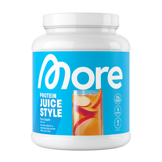 Proteinpulver Dose mit Apfelgeschmack für Sportler, blaues Etikett, Produktfoto