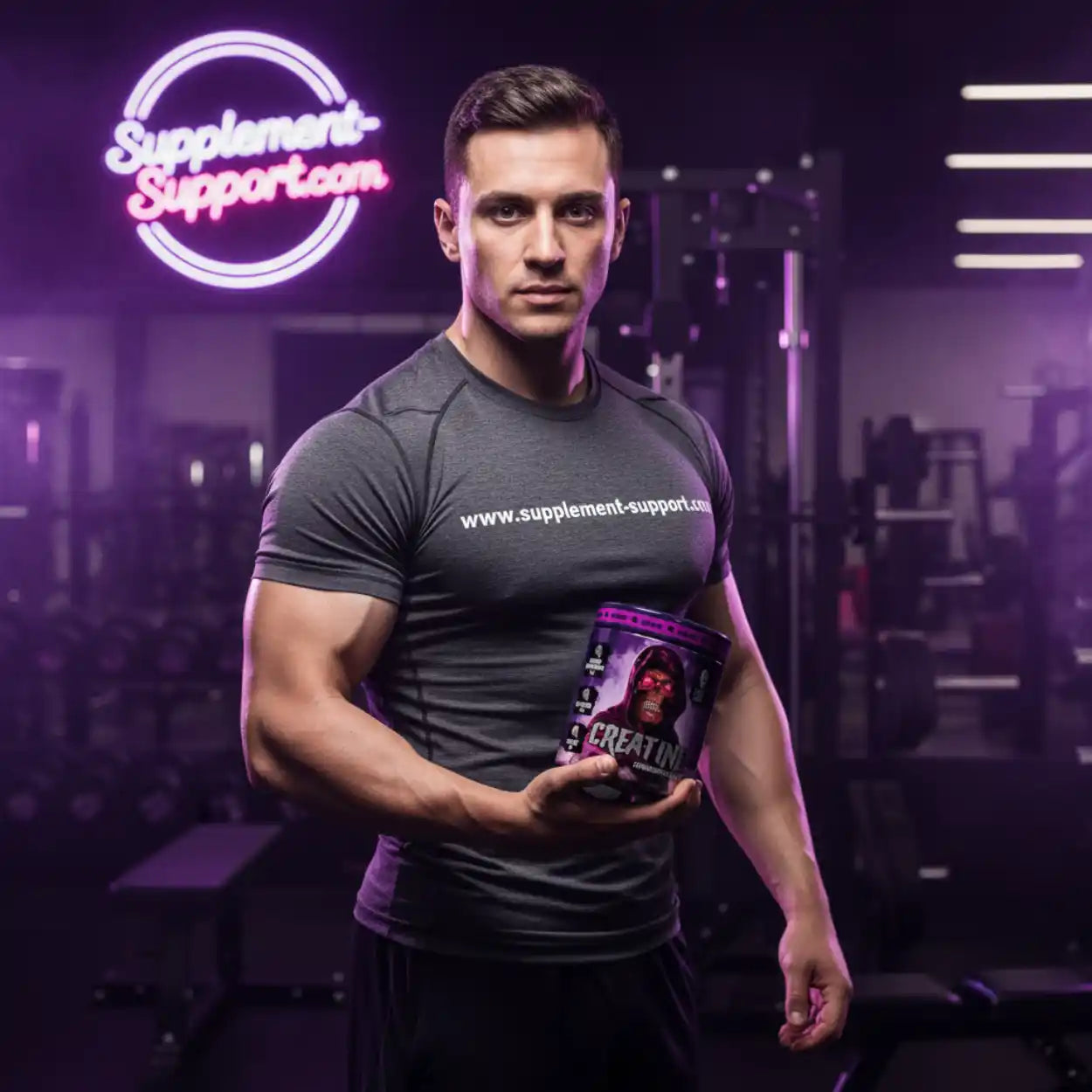 Muskulöser Mann im Fitnessstudio hält FA Skull Labs Creatine Dose, Bodybuilding Supplement.