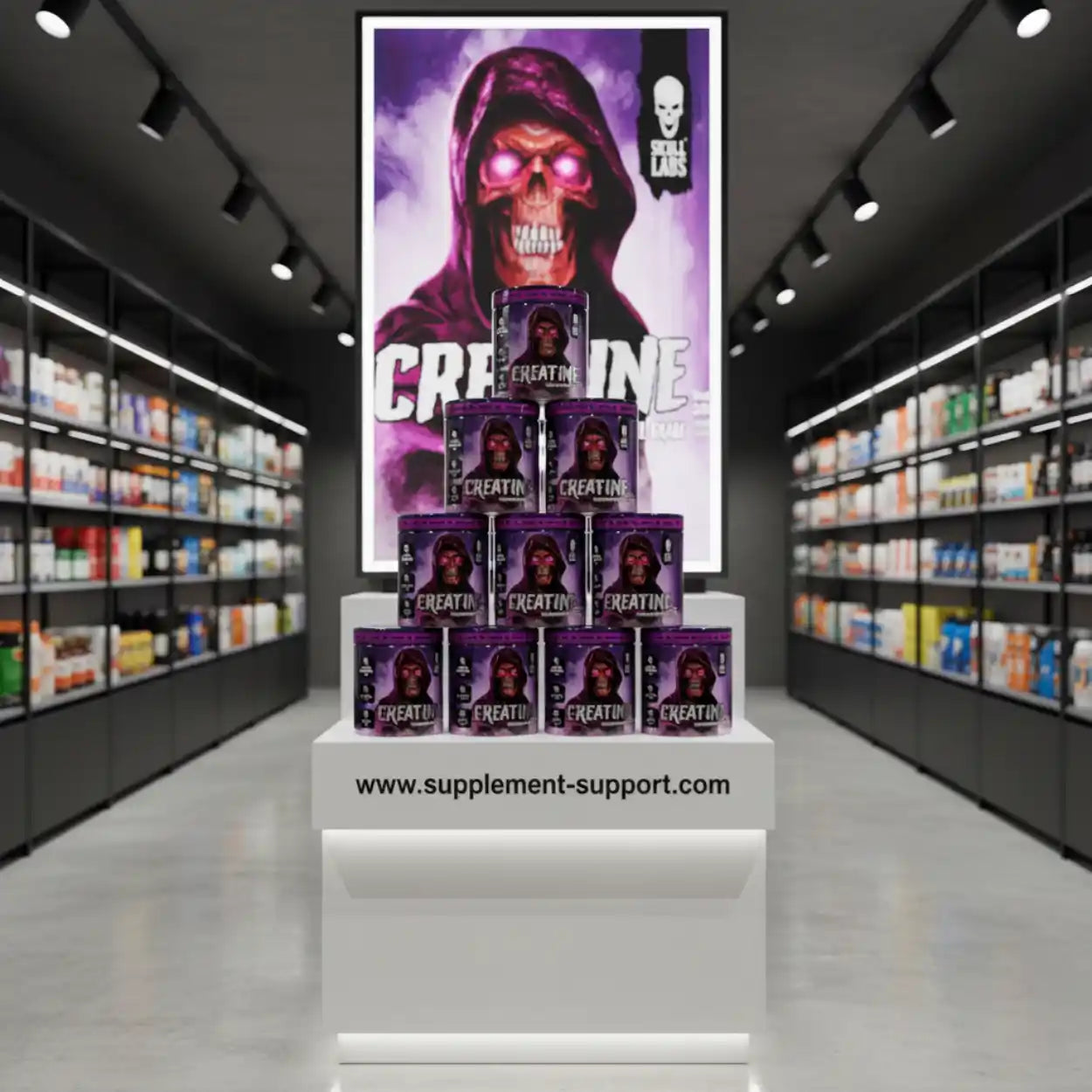 Kreatin-Pulver Dose mit Totenkopf-Design im Fitness-Shop Regal, Nahrungsergänzungsmittel