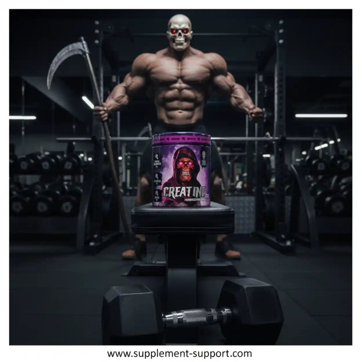 Kreatin Pulver Dose mit Totenkopf-Design im Fitnessstudio, Hantel im Vordergrund