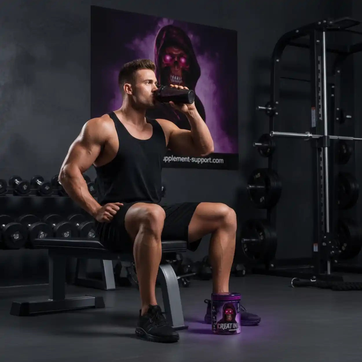 Muskulöser Mann im Fitnessstudio mit Creatin-Pulver, trinkt Shake auf Hantelbank