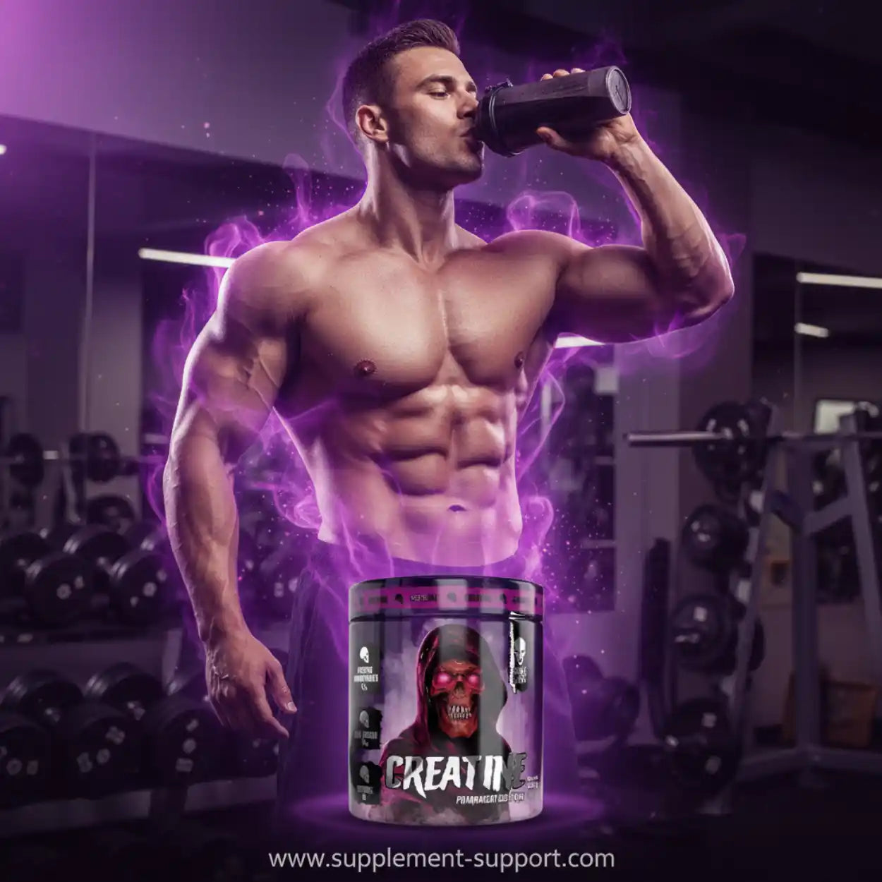 Muskulöser Mann im Fitnessstudio trinkt Shake mit Kreatin Pulver, lila Lichteffekte, Bodybuilding