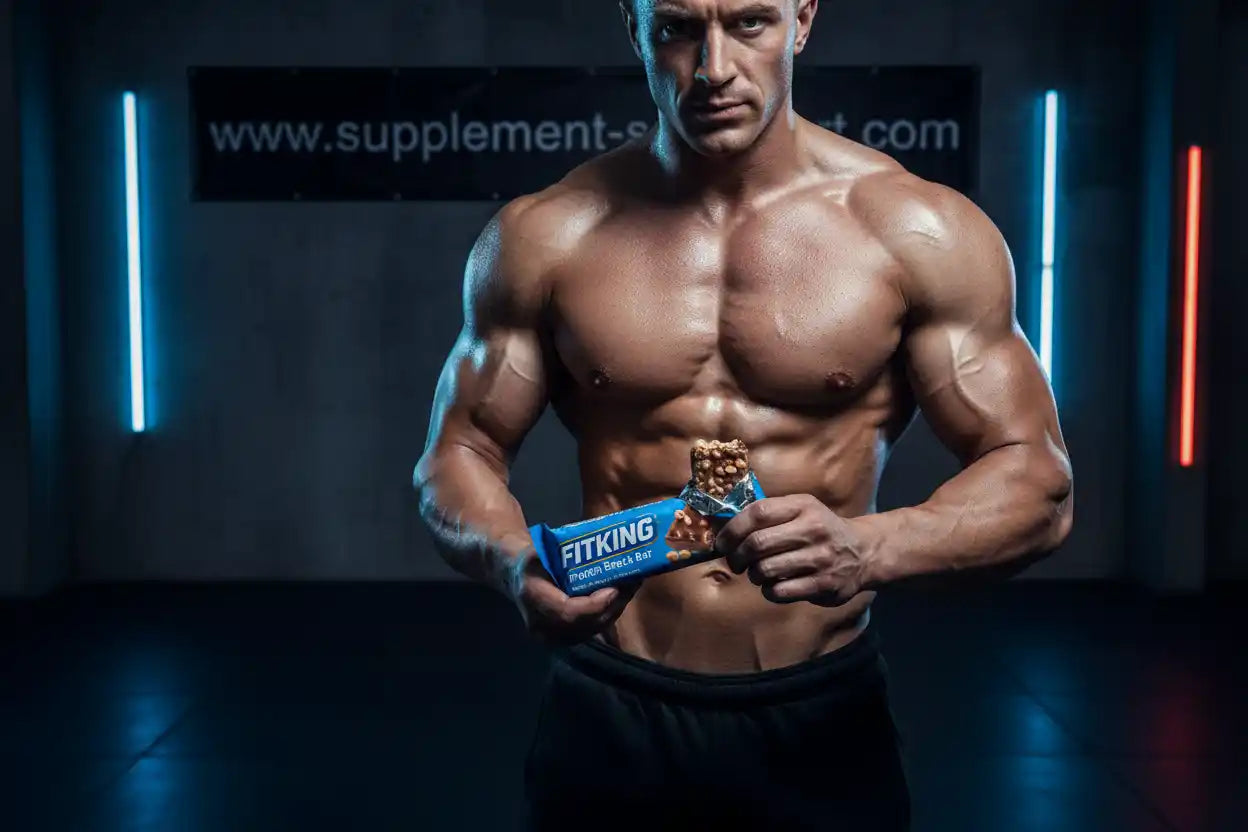 Muskulöser Mann mit FITKING Protein Riegel für Fitness und Sportnahrung