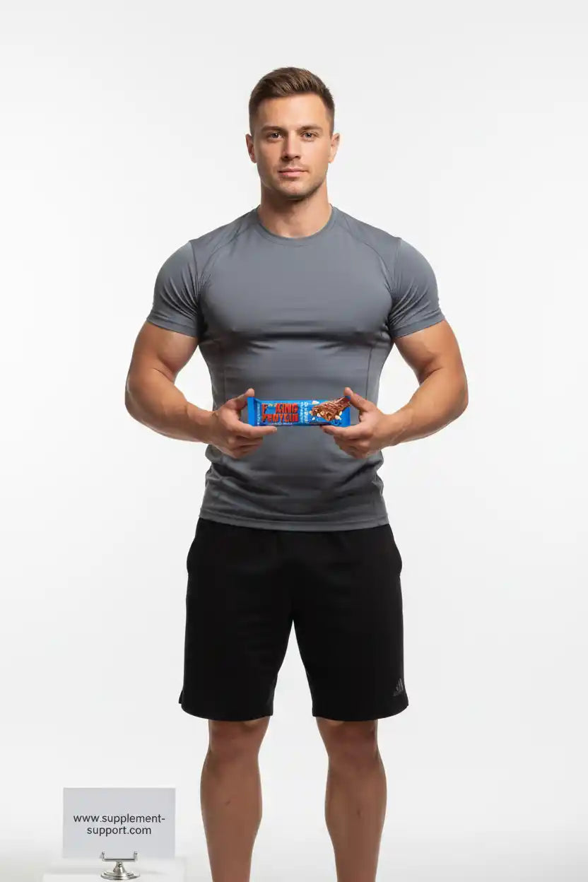 Muskulöser Mann mit Proteinriegel für Fitness und Sportnahrung