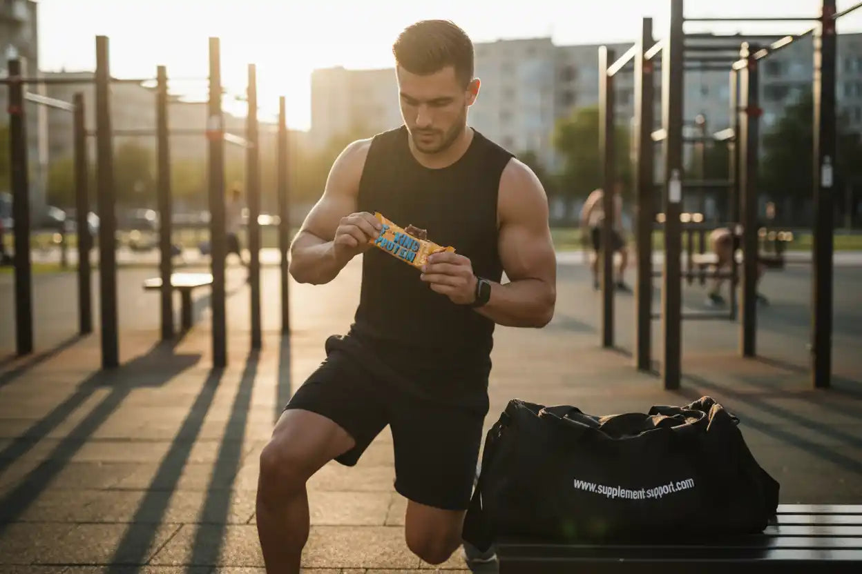 Muskulöser Mann isst Proteinriegel im Freien, Sporttasche mit Supplement-Support.com
