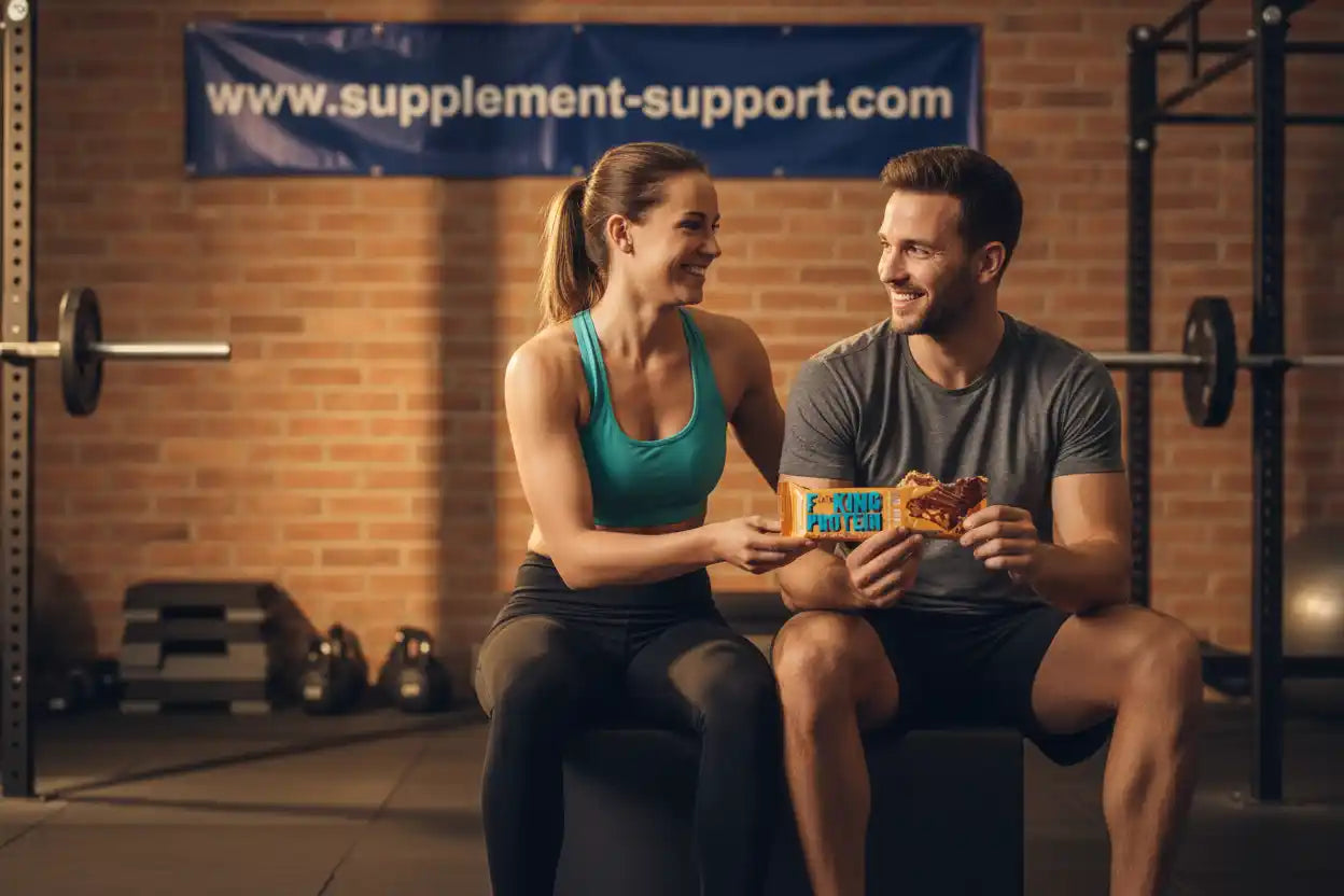 Paar im Fitnessstudio mit Proteinriegel, Sportnahrung für Fitness und Training