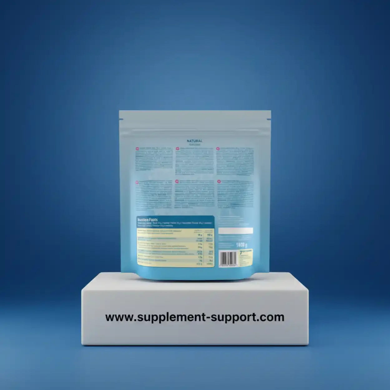 Rückseite einer blauen Nahrungsergänzungspackung auf www.supplement-support.com, blauem Hintergrund.