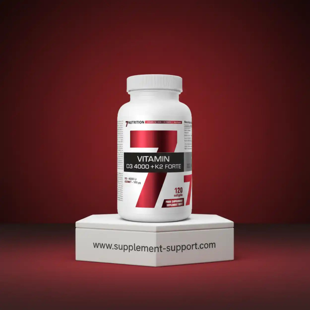 Dose mit Vitamin D3 4000 + K2 Nahrungsergänzungsmittel, 120 Kapseln, roter Hintergrund