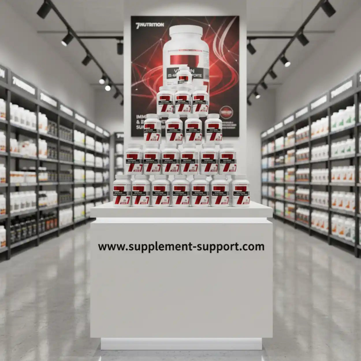 Vitamin D3 K2 MK7 Kapseln auf weißem Display in einem Nahrungsergänzungsmittel-Laden