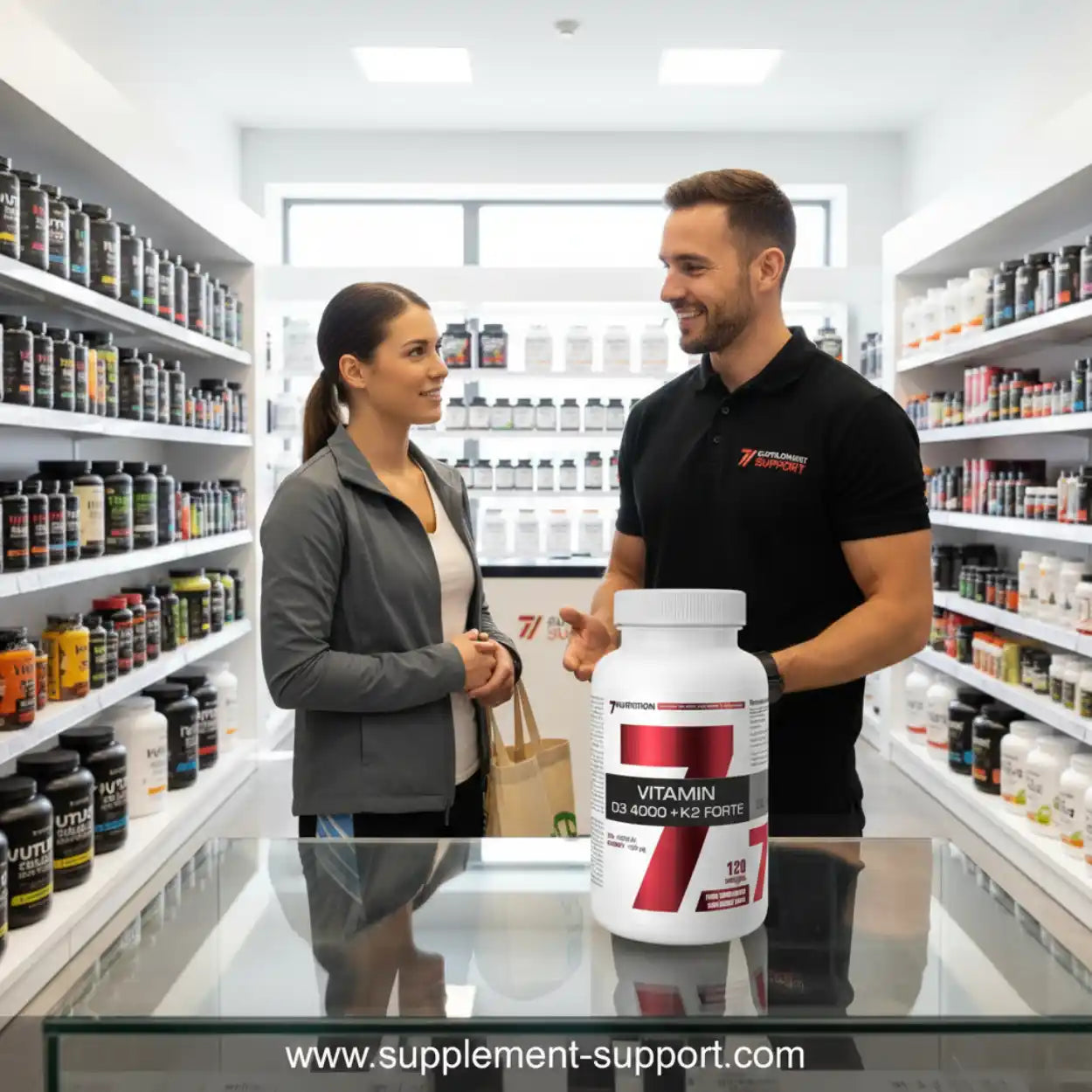 Kundengespräch in einem Supplement-Shop, Fokus auf Vitamin D3 K2 Tabletten.
