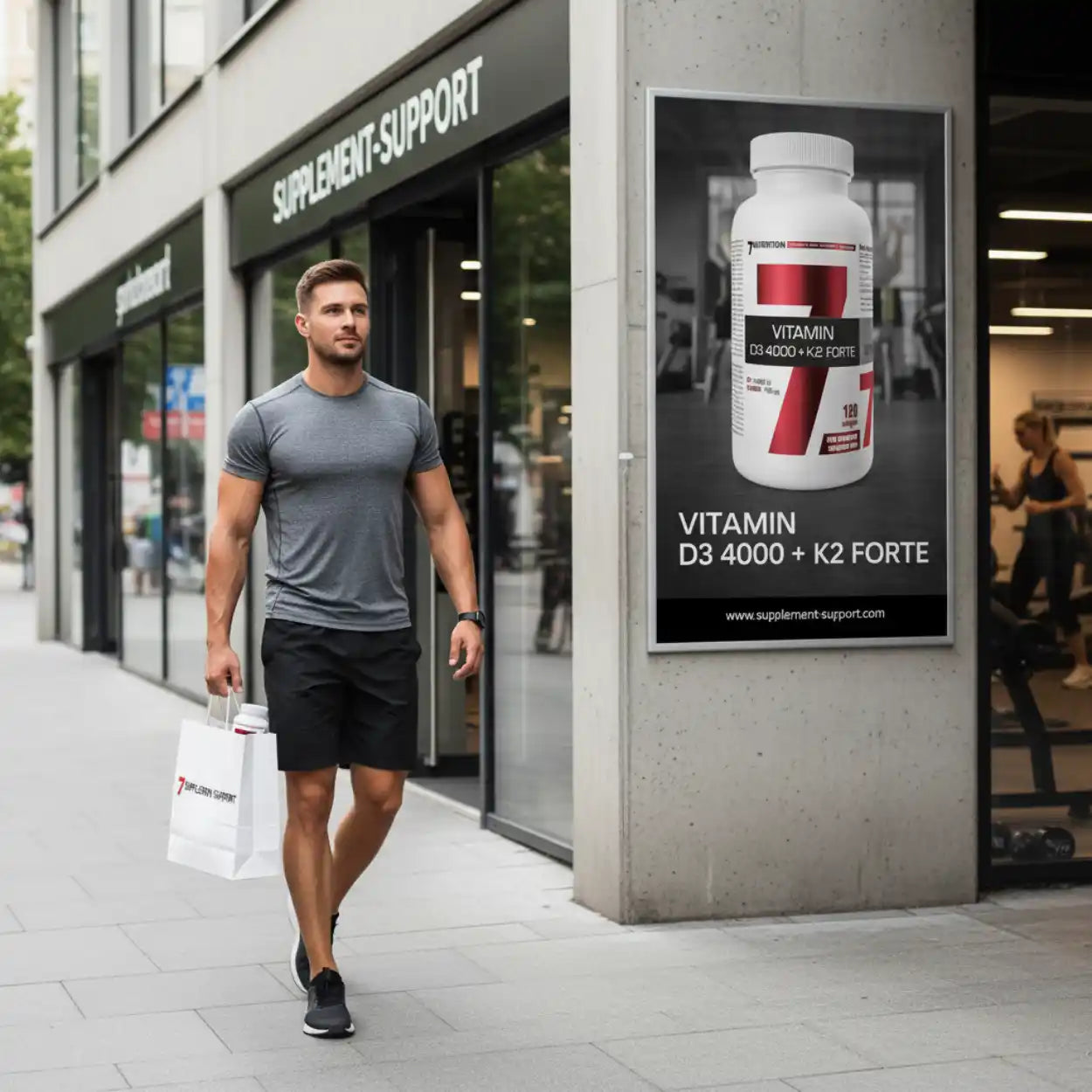 Sportlicher Mann verlässt Nahrungsergänzungsmittel-Geschäft mit Vitamin D3 K2 Werbung am Eingang