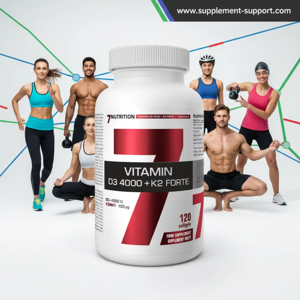 Vitamin D3 K2 Nahrungsergänzung vor sportlichen Menschen, Fitness, gesunder Lebensstil