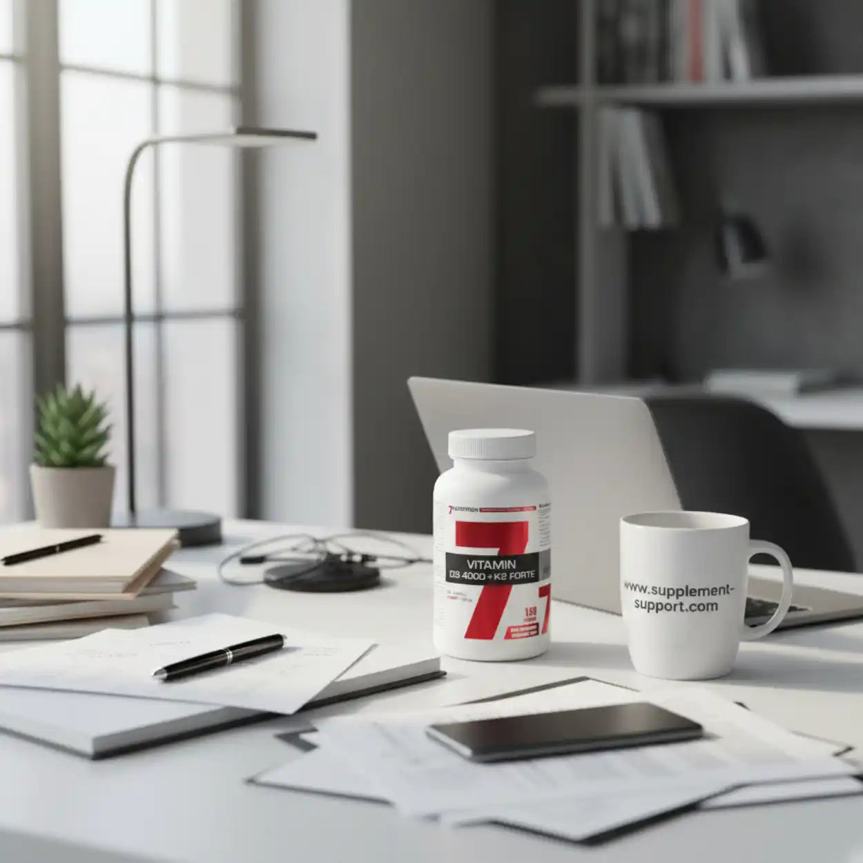 Dose Vitamin D3 K2 MK7 Kapseln auf modernem Schreibtisch mit Laptop und Tasse