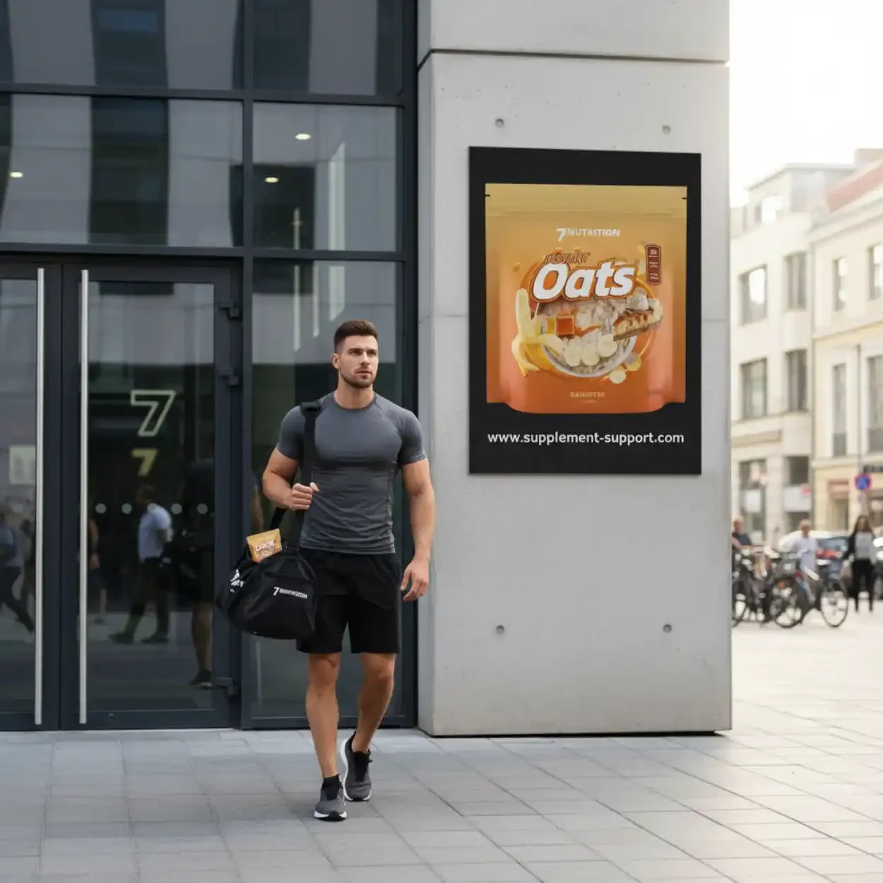 Sportlicher Mann mit Fitness-Tasche vor Supplement-Support.com Werbung für Oats Nahrungsergänzung